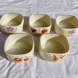 Square Porcelain Bowl Set of 5 Japanese Hand Painted 4"x 2" Flowers